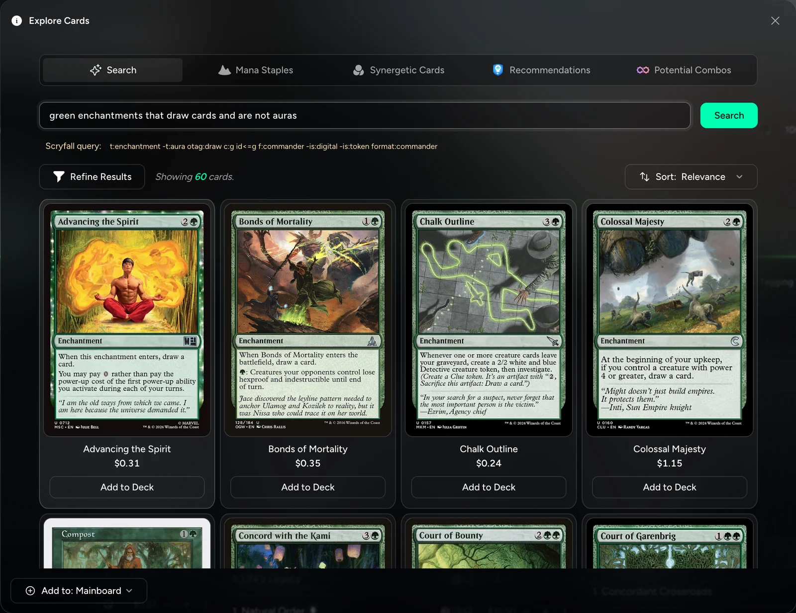 Smart Search results for green enchantments that draw cards and are not auras, with the Scryfall query it wrote shown above the results