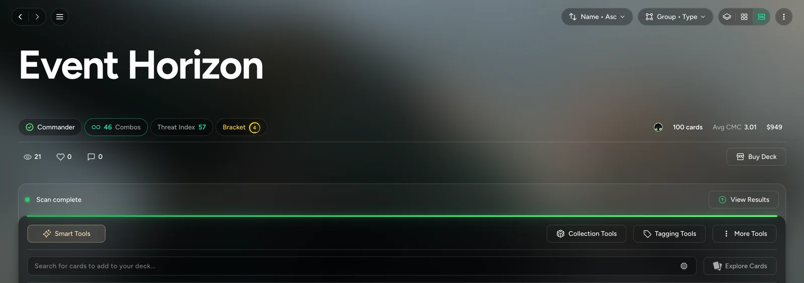 The Event Horizon deck in the builder: the header with Threat Index and Bracket, the progress dock, the toolbar, and the search bar with Explore Cards beside it
