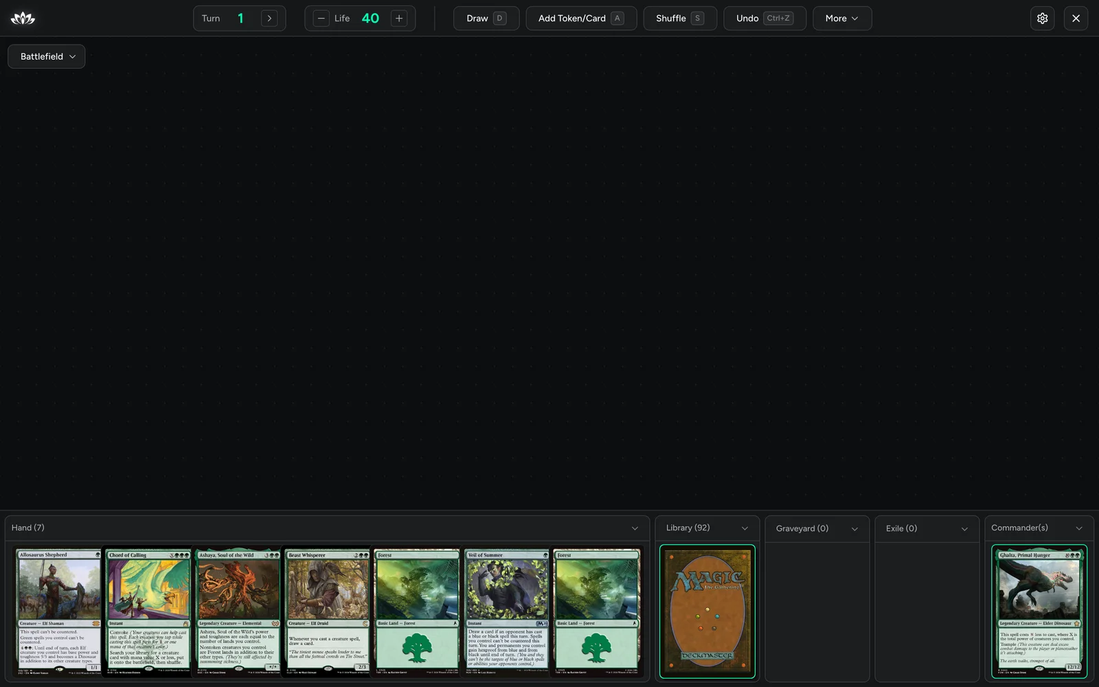 The playtester with an opening hand of seven, the library, and Ghalta in the command zone