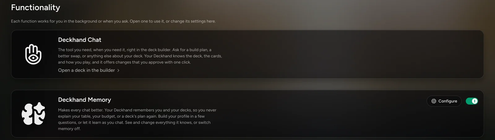 The Deckhand page, showing the Deckhand Chat and Deckhand Memory cards