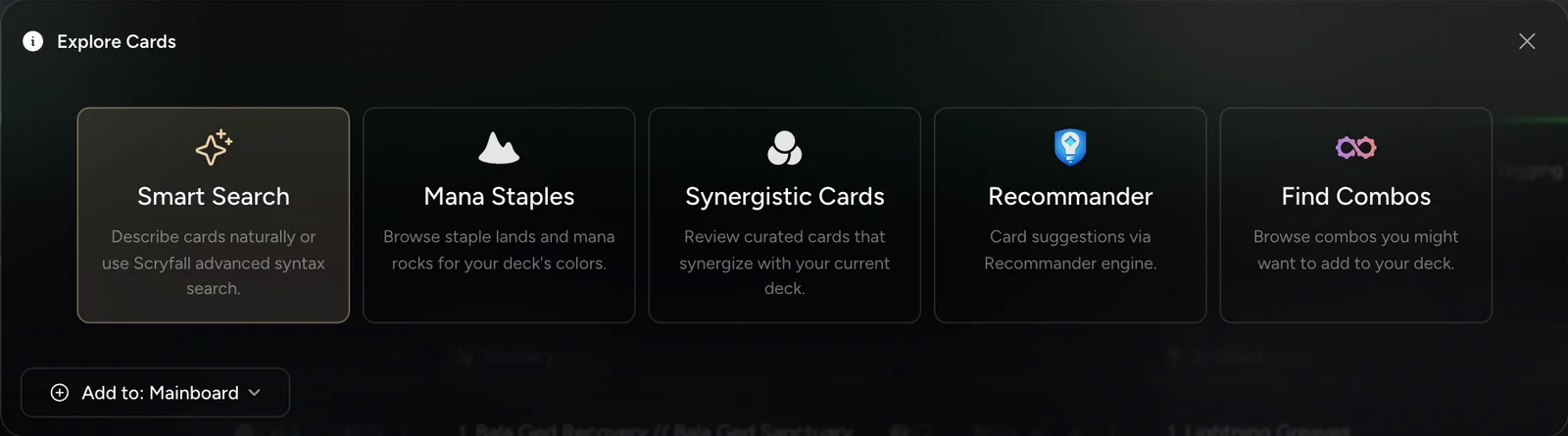 The Explore Cards window with five modes: Smart Search, Mana Staples, Synergistic Cards, Recommander, and Find Combos