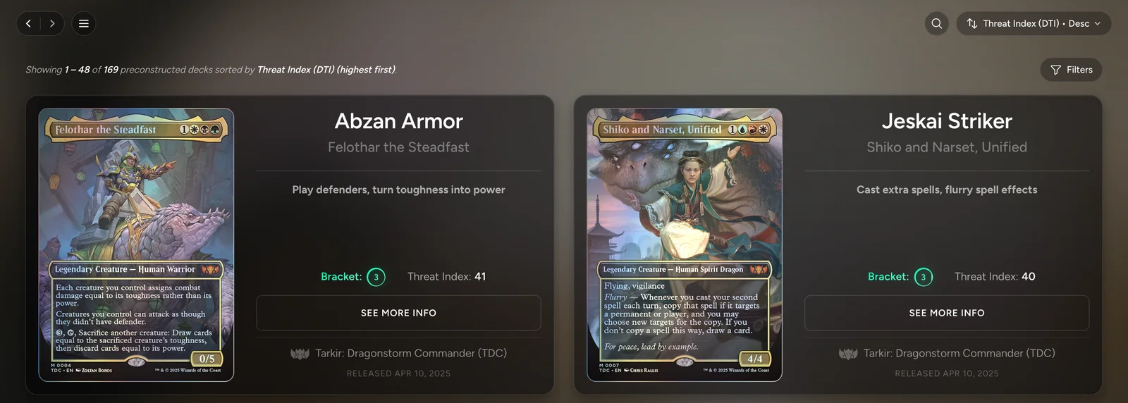 The Commander Precons page, showing each precon with its bracket and Threat Index