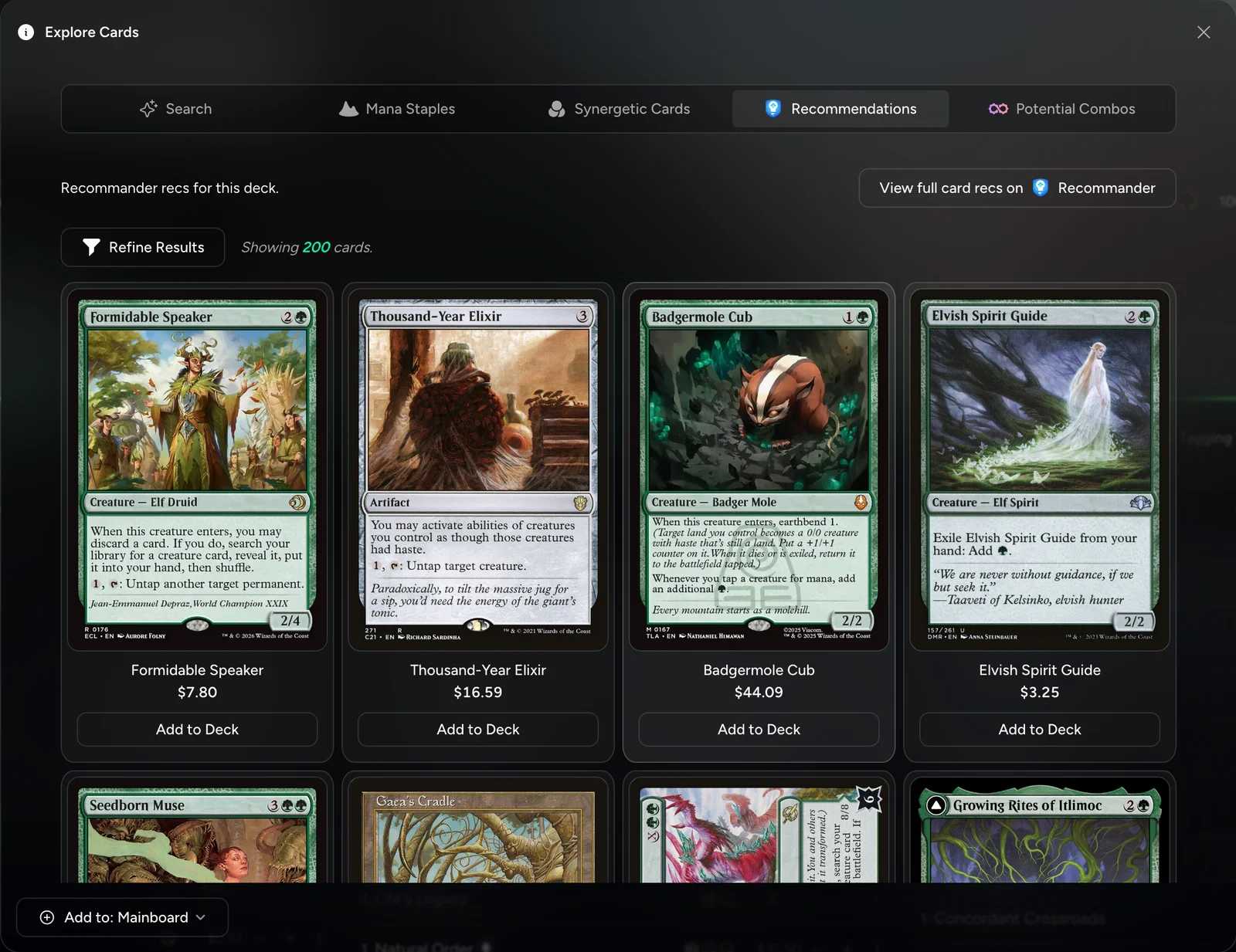 Recommander's picks for Event Horizon, led by Formidable Speaker, Thousand-Year Elixir, Badgermole Cub, and Elvish Spirit Guide