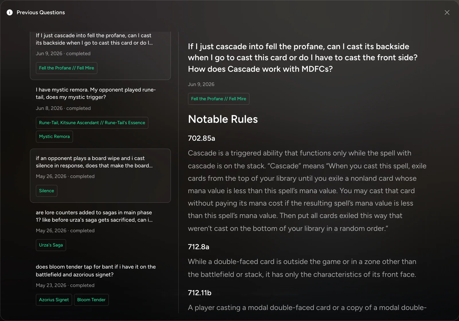 A RuleCheck answer about cascading into Fell the Profane, quoting rules 702.85a, 712.8a, and 712.11b