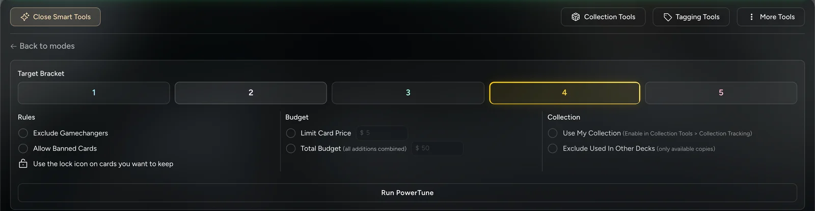 PowerTune settings: Target Bracket 1 to 5, rules, budget, and collection options, and the Run PowerTune button