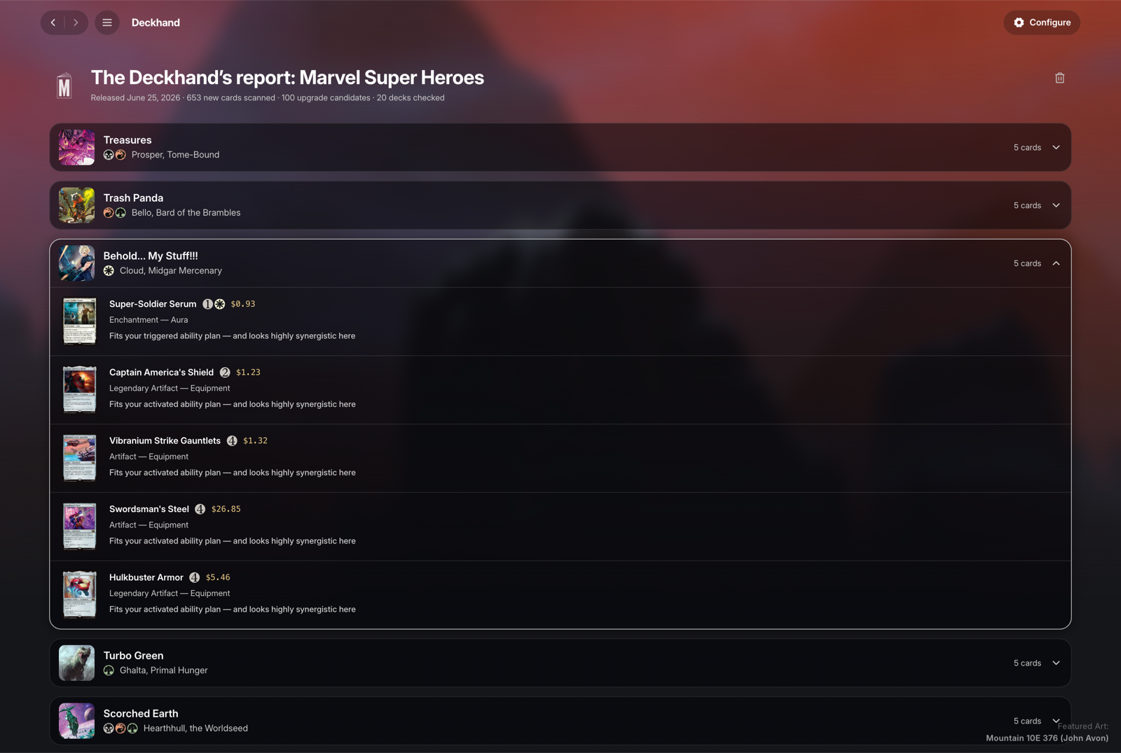 A Set Impact report on the site, with a deck expanded to show its recommendations